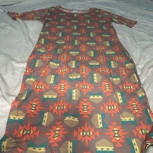 LuLaRoe Julia Dress Medium Southwestern Geometric Tribal‎ Print Grey Orange Teal